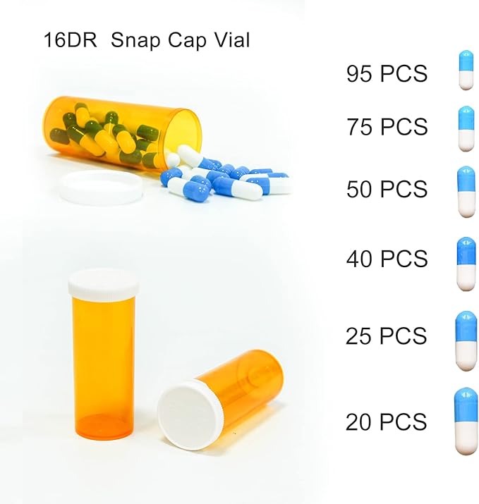 Snap Cap Prescription Vials, Amber Medicine Containers, Bottles Easy Open Pill Organizers, Empty with Plastic Caps (16 dram, 12pcs)