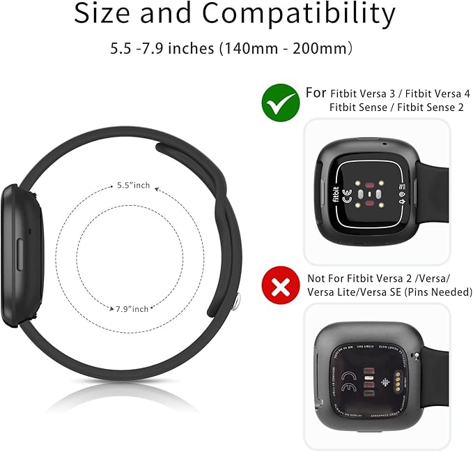 AK Silicone Bands Compatible with Fitbit Versa 4 & Sense 2 Bands for Women & Men, Soft Straps Replacement Wristbands for Fitbit Versa 3 & 4 / Sense & 2 Smart Watch (Black)