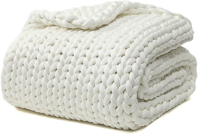YnM Cooling Weighted Blanket, Handmade Chunky Yarn Knitted Design, Temperature Regulating and Breathable, Machine Washable Throw for Sleep or Home Decor (White, 80x87 Inch, 25lbs)