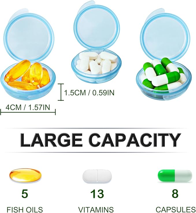 3PCS Small Pocket Daily Pill Box Organizer - Portable Travel Wallet with Individual Compartments - Compact, Convenient and Easy-to-Use Mini Pill Container for On-The-Go Medication Management (Blue)