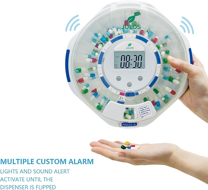 JULOS 28-Day Automatic Pill Dispenser with Alarm for Chronic & Alzheimer’s Care, Locked Medication Organizer w/Easy-Read LCD Display, Sound & Light & Alerts for Medication, Vitamins & More, Clear Lid