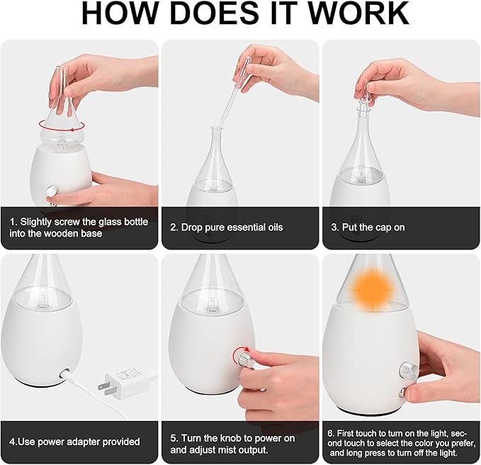 Lychee Essential Oil Diffuser Humidifiers, Quiet Diffuser, Small Aromatherapy Diffuser,7 Colors Light Adjustable with Wood Grain Base for Home Bedroom Office Yoga Nice Gift (White)