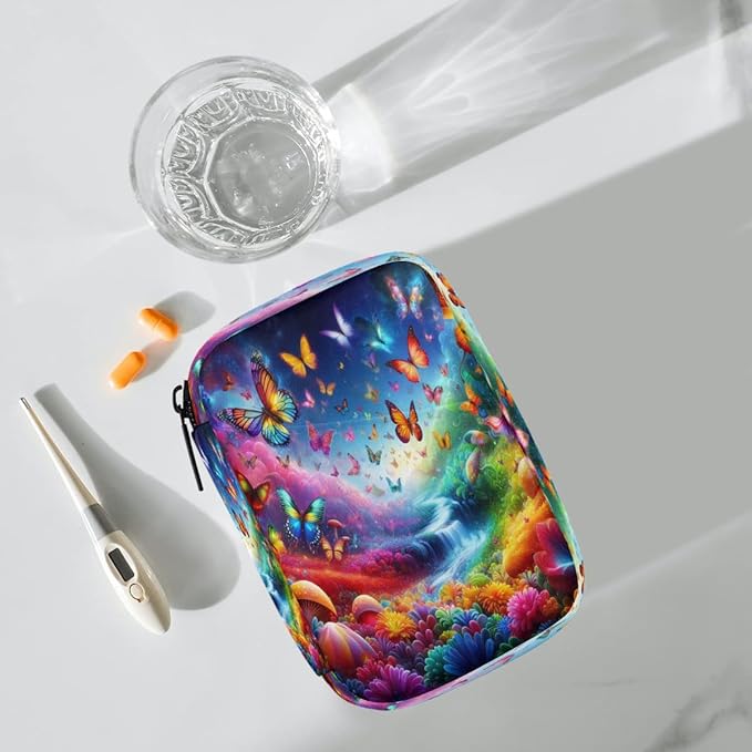 Colored Butterfly Beauty Pill Case Travel Pill Organizer Weekly 7 Day Portable with Zipper Medicine Box Pill Case for Vitamins, Birth Control,Fish Oils,Medication, Supplements