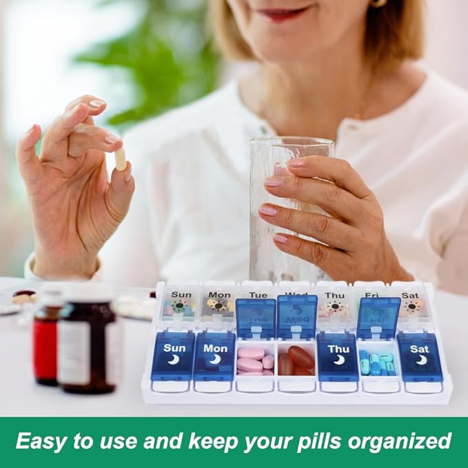 Shintop Weekly Pill Organizer 2 Times a Day, Easy Fill Am Pm Pill Box 7 Day Push Button Medicine Holder Daily for Vitamins Supplements(Blue & White)