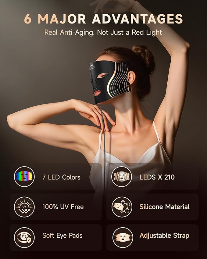 Red Light Therapy Mask for Face, 7 Colors LED Face Mask Light Therapy with Rechargeable Remote, Portable Anti-Aging & Skin Rejuvenation Device for Home Use or Travel, Ideal Gift for Women