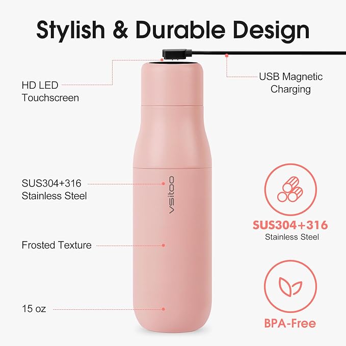 VSITOO 14.8oz Mini Smart Self-Cleaning Water Bottle，Small Insulated Stainless Steel Thermoses with AI Self-Clean, 30-Day Battery & Magnetic Charging for Travel, Gym, Office or Purse, Pink