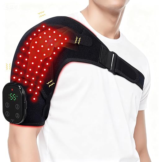 Cordless Shoulder Heating Pad with Massage, Red Light Massager for Soothe Discomfort, Heated Support Wrap for Muscle Comfort, Men & Women. (Black)