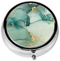 Blue Green Jade Texture Marble with Golden Veins Gold Metallic Swirls and Foamy Print Round Metal Pill Box with 3 Compartment for Pocket or Purse Travel Bag Mini Small Size 2 inche