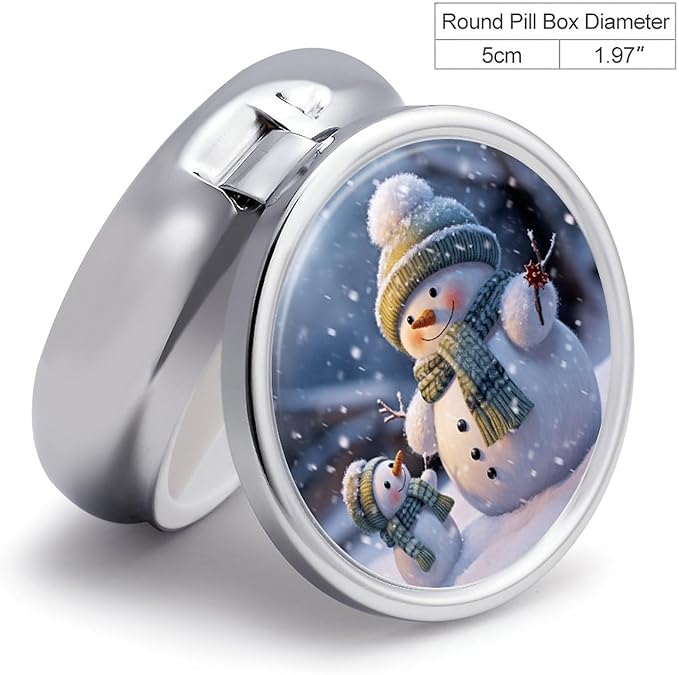 Winter Snowman Pill Case 3 Compartment Portable Pill Box Daily Round Pill Organizer for Pocket Purse Daily Medicine Container to Hold Vitamins Fish Oil Travel Gifts
