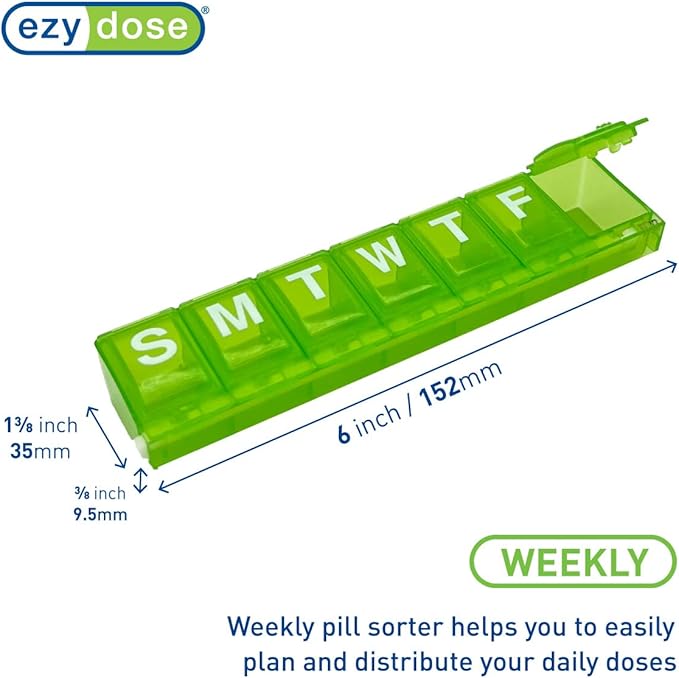 EZY DOSE Weekly (7-Day) Pill Planner, Medicine Case, Vitamin Organizer Box, Large Locking Compartments to Secure Prescription Medication and Prevent Accidental Spilling, Green (Pack of 4)