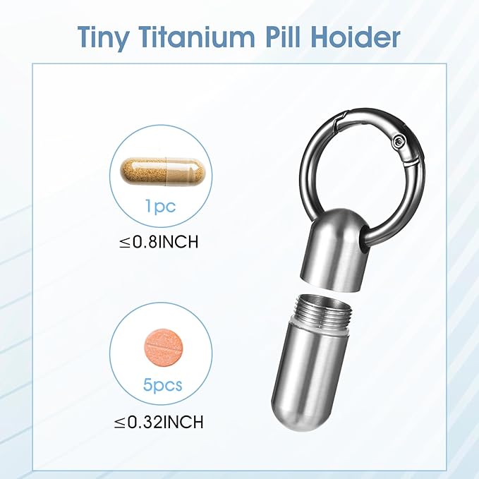 Small Pill Case Keychain Tiny Portable Pill Container Carabiner Clip Medicine Holder Bottle Mini Waterproof Metal Emergency Medicine Organizer for Travel Purse Outdoor Camping (2 Compartment)