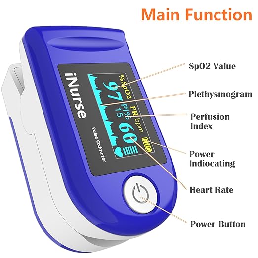 Fingertip Pulse oximeter fingertip with Plethysmograph and Perfusion Index, Portable Blood Oxygen Saturation Monitor for Heart Rate and SpO2 Level, O2 Monitor Finger for Oxygen,Pulse Ox,Oximetro