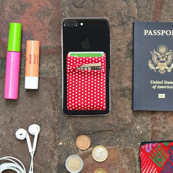 RFID Blocking Phone Card Wallet Stretchy Lycra Wallet Pocket Credit Card ID Case Pouch Sleeve Adhesive Sticker Compatible with iPhone Samsung Galaxy Android Smartphones (Polka Dot Red)-2PC