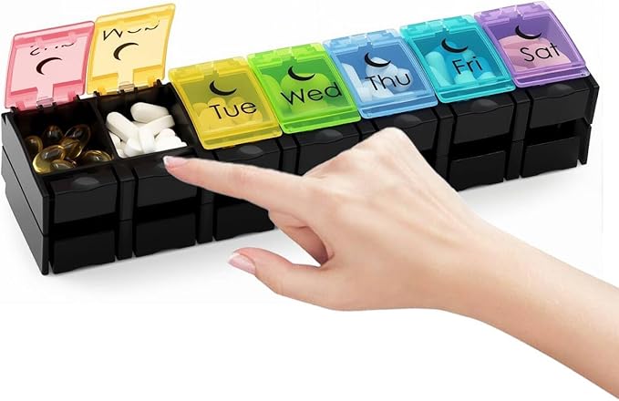 XL Large AM/PM Weekly Pill Organizer Arthritis Friendly, 2 Times a Day Pill Box with Spring Open Design, 7 Day Vitamin Case with Push Button Compartments (Black)