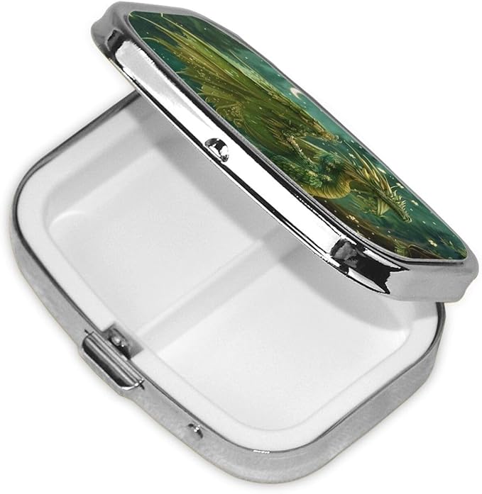 Fantasy Botanical Dragon Pill Box with Mirror 2 Compartments Square Pill Organizer for Pocket