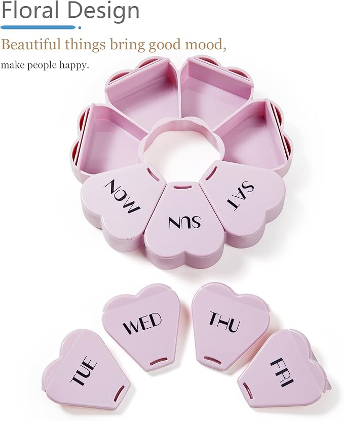 MOLN HYMY Cute Weekly Pill Box 7 Day, Heart Shaped Pill Case Organizer 1 time a Day, Purple Pink Pill Container Once Daily, Large Medicine Dispenser for Vitamin/Fish Oil/Medication/Supplements
