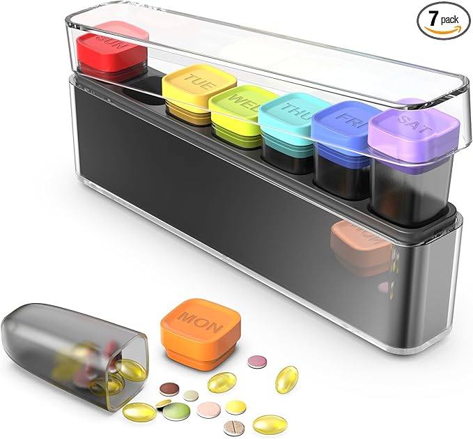 Weekly Pill Organizer 1 Time a Day, HIONXMGA Portable Detachable Travel Pill Box 7 Day, Large Once Daily Pill Holder Case, Color-Coded Dispenser for Vitamin Medicine Supplement Fish Oil, Clear