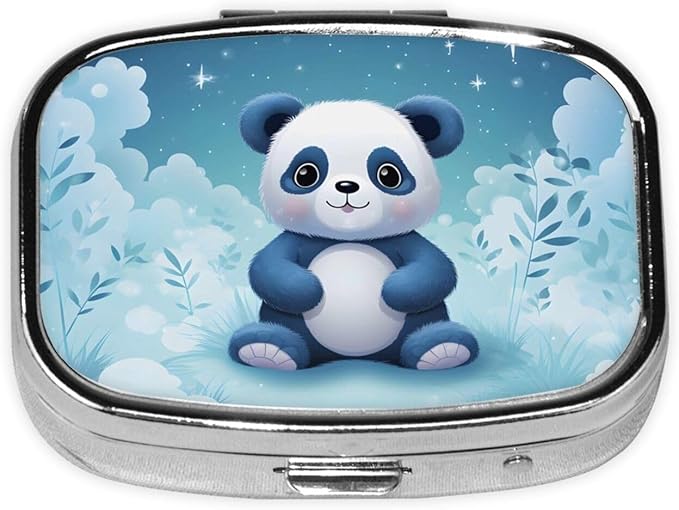 Cute Panda Patterns Pill Box with Mirror 2 Compartment Metal Square Small Pill Case for Purse Pocket Portable Pill Container Holder Travel Medicine Organizer for Vitamin Fish Oil Supplement