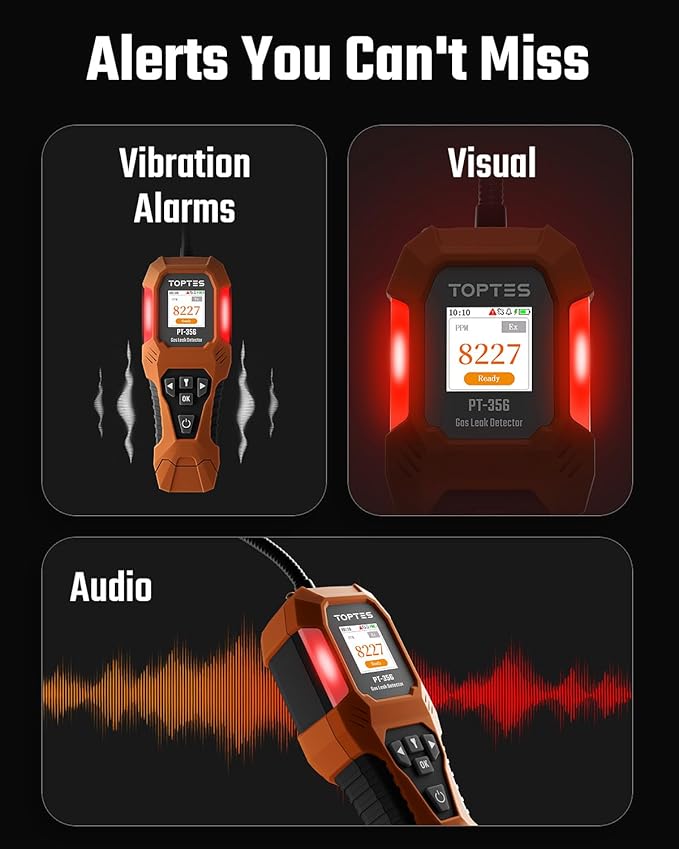 TopTes PT-356 Rechargeable Natural Gas Detector with 10 inch Goose Neck, Detection Range 0-20% LEL, 3 Alarm System Gas Leak Detector with 2 Display Modes for Methane, Butane at Home or Industry