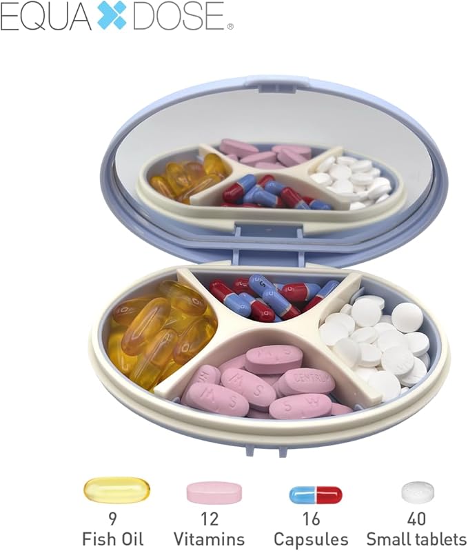 EQUADOSE Oval Compact Pill Case, Portable Organizer with Mirror, Travel Medication Holder with Removable Divider, Small Storage Case for Pills, Vitamins, Earbuds, Jewelry & Daily Essentials, Blue