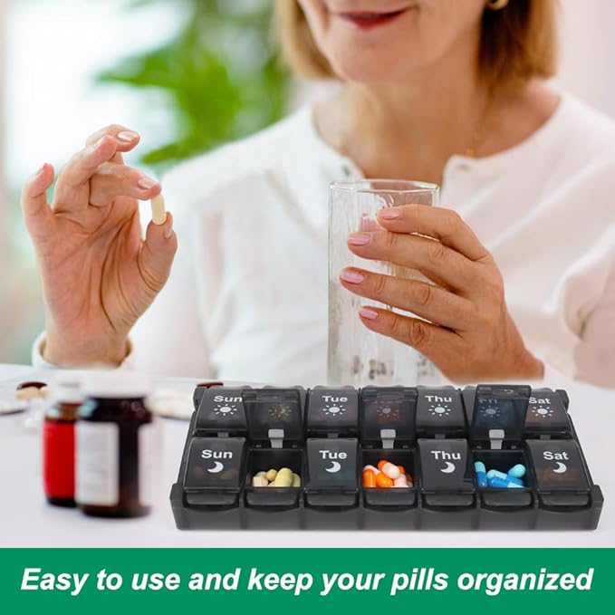 Shintop Weekly Pill Box 2 Times a Day, Easy Fill Medicine Pill Organizer Push Button Pill Case Morning Night Vitamin Organizer for Fish Oil Supplements （Black）