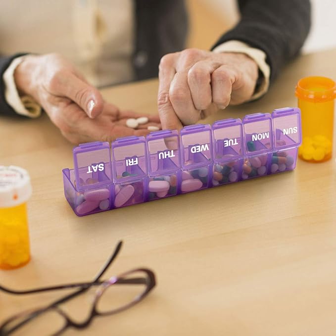 Sukuos Extra Large Weekly Pill Organizer, 7 Day Daily Pill Box Case Arthritis Friendly, Silkscreen Printed Medicine Container with Clear Lid for Vitamins, Fish Oils or Supplements (Purple)
