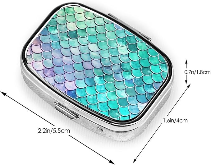 Mermaid Fish Scales Print Square Metal Pill Box with 2 Compartment for Pocket or Purse Travel Bag Small Size 2.2 inche