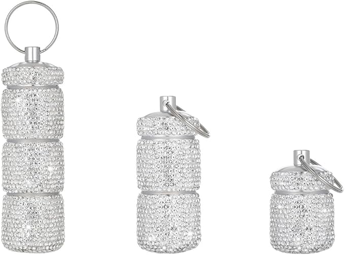 Rhinestone Mini Pills Organizer with Keychain, Portable 3 Compartment Small Travel Pill Holder, Waterproof Medicien Case Dispenser Bottle, Crystal Pocket Pill Box (White)