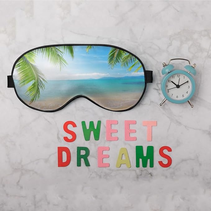 Tropical Beach Sleep Mask Eye Mask Palm Sand Sea Blue Sky Summer Sleep Mask Light Blocking Adjustable Smooth Soft Eye Masks for Women Deep Rest Travel