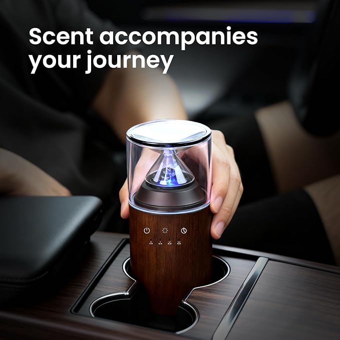 Waterless Nebulizing Essential Oil Diffuser, Real Glass and Solid Wood Portable Rechargeable Aroma Diffuser for Home Office Car, Luxury Gift Set with 10ml Lemon Oil