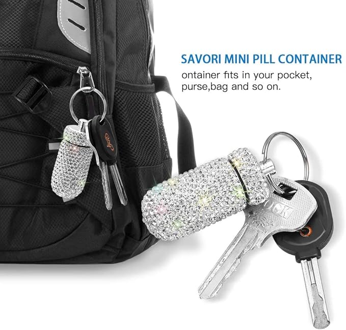Portable Pill Case Pill Container Waterproof Pill Holder with Keychain Bling Pill Box Medicine Dispenser Bottle Storage for Outdoor Camping Travel (White)