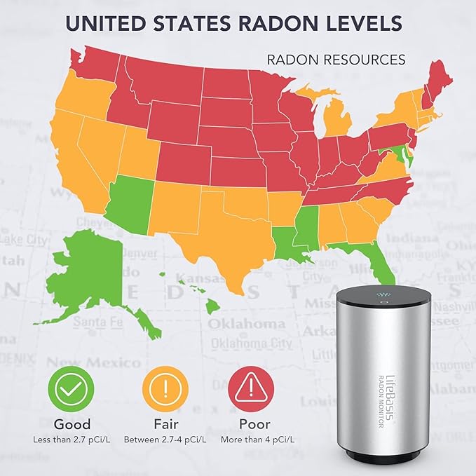 Life Basis Radon Detector for Home Basement, Smart Radon Monitor Fast Capture of Fluctuating Levels, Radon Tester Short & Long-Term Monitoring with Notifications - Connected Mobile App & WiFi