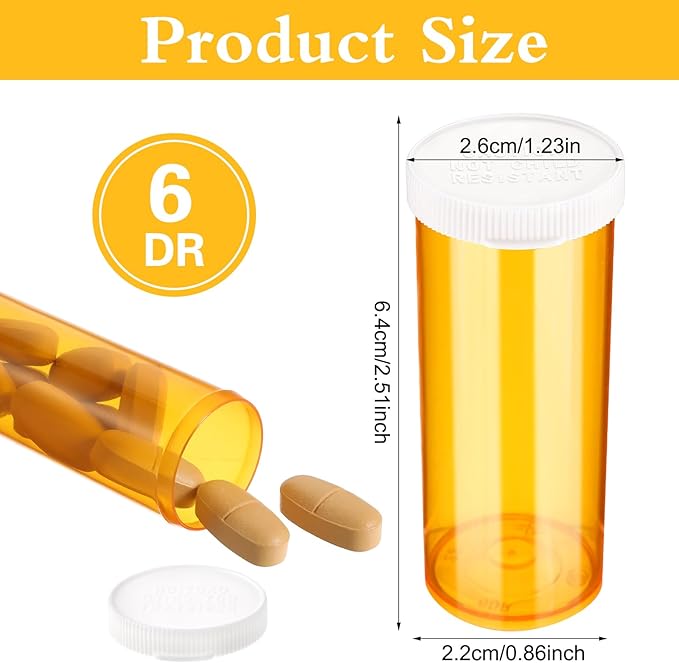 Empty Pill Bottles with Caps, Small Medicines Bottle Plastic Vials Easy Open Medication Vials Containers(6 DR)