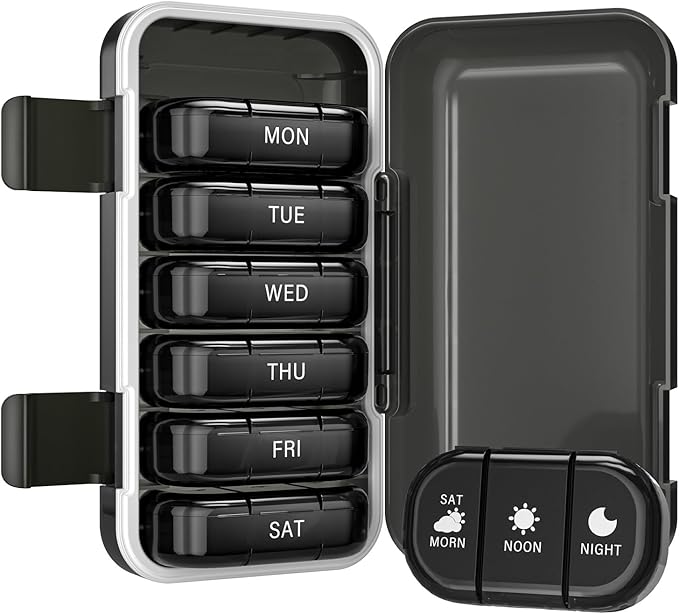 Vikie Weekly Pill Organizer 3 Times a Day with Morn NOON Night Sections, BPA-Free, Portable & Moisture-Proof for Pills, Vitamins, Supplements (3x7 Black)