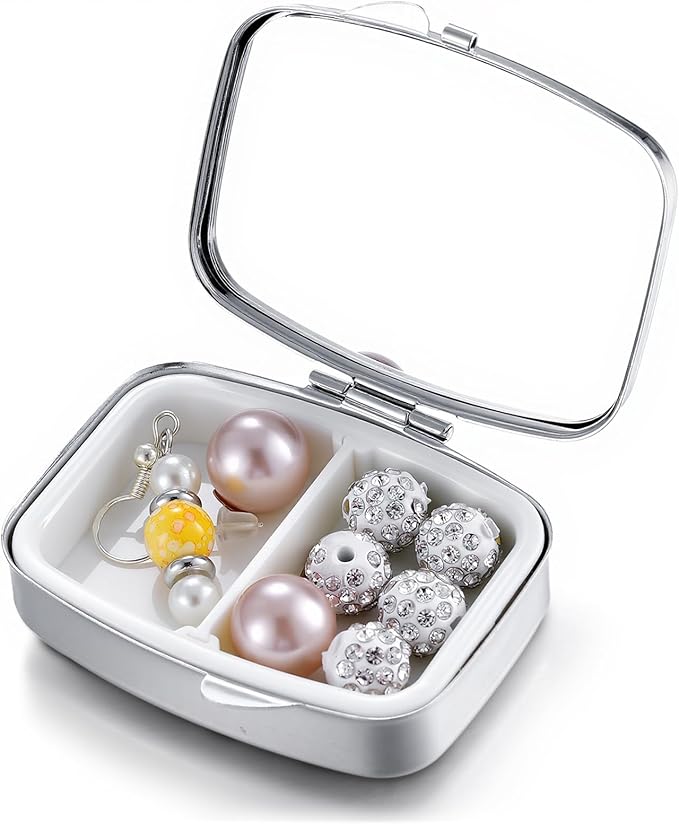 Bling 2 Compartment Pill Case Crystal Diamond Medicine Planner Pill Container Small Cute Pill Case Vitamins Organizer Portable Travel Pill Box Case for Purse Pocket (Silver)