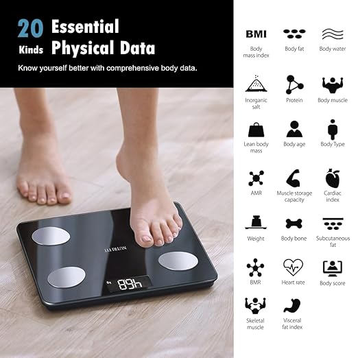 NUTRI FIT Scale for Body Weight Digital Bathroom Smart Scale with Bluetooth for BMI, Body Fat, Muscle Mass, 20 Body Composition Analyzer Health Monitor Sync Apps 330lbs, Batteries Included