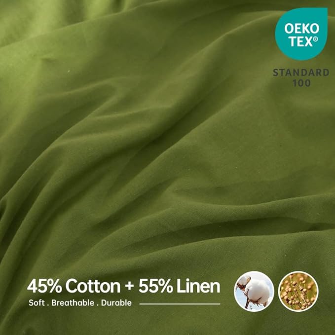 Simple&Opulence Belgian Linen Sheet Set Solid Color - 3 Pieces (1 Flat Sheet, 1 Fitted Sheet & 1 Pillowcase) Natural Flax Cotton Blend Soft Breathable Farmhouse Bedding - Twin Size, Forest