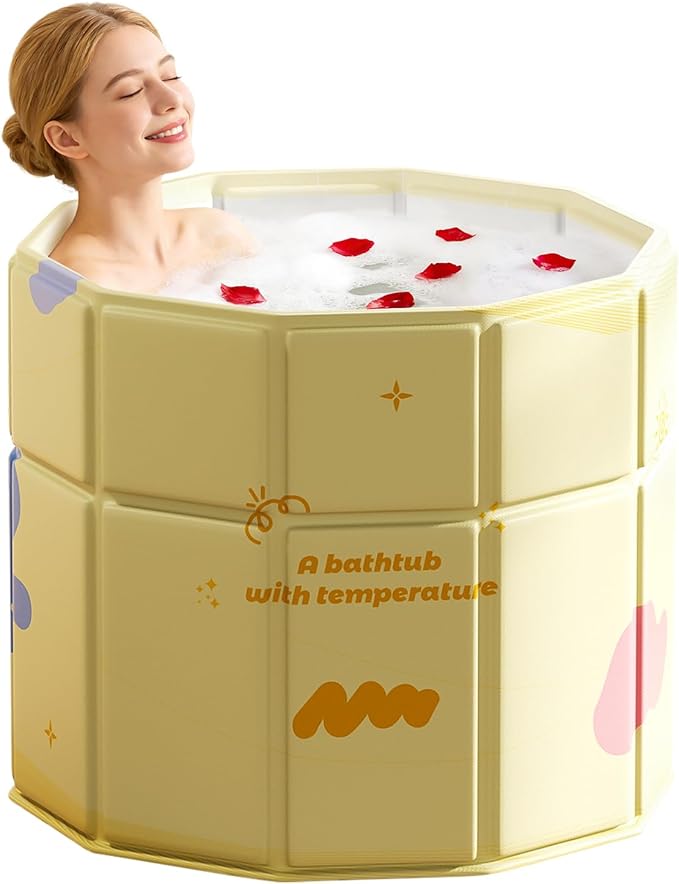 Portable Bathtub, Hot Ice Bath Tub Inflation-free, Shower Bathroom SPA Soaking Tub, Collapsible Bathtub No Installation for Home & Outdoor (Warm Yellow, 31.49"L x 31.49"W x 27.55"H)