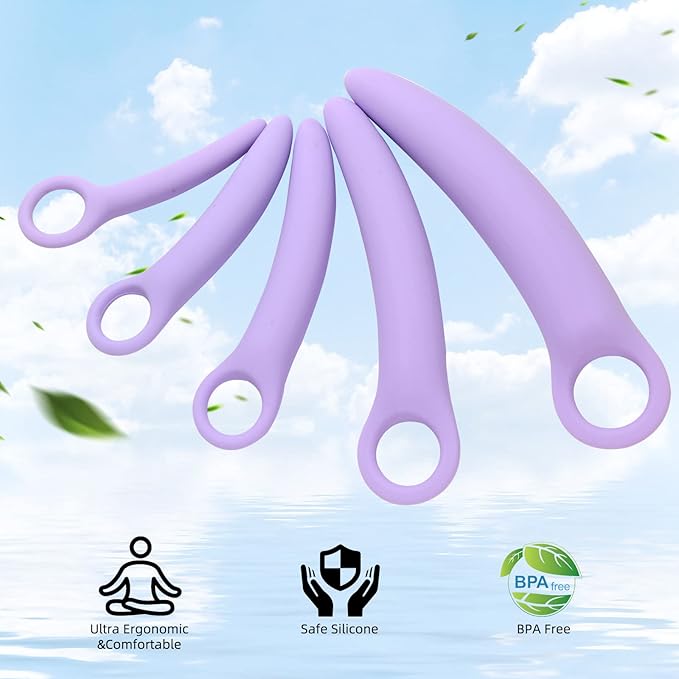 5 Pack Silicone Pelvic Floor Muscle Dilator Trainer Set,Pelvic Wand Massager for Women，Pelvic Floor Strengthening Device - Purple (with Storage Bag)