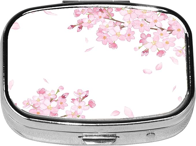 Square Pill Case Small Pill Box with Mirror Pocket 2 Compartment Vitamin Pill Medicine Case Organizer Pill Containers for Traveling Cherry Blossom