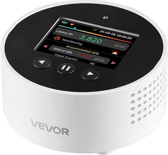 VEVOR Radon Detector for Home, Portable Radon Gas & Air Quality Monitor with LCD Color Display, Visual & Audible Alarms, Long-Term Monitoring, Battery Operated or Wired Use