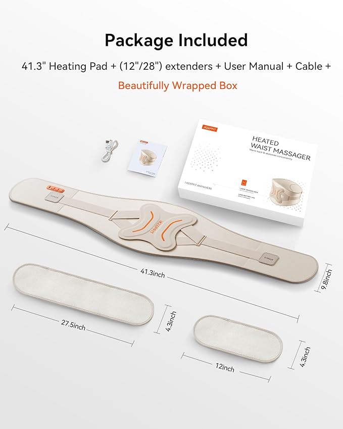 Cordless Heating Pad with Massager for Back Pain Relief: MAXwarm® 4.0, Portable Heated Back Brace with Lumbar Support for Sciatica, Large 8000mAh Battery, for Women Men 70" Beige