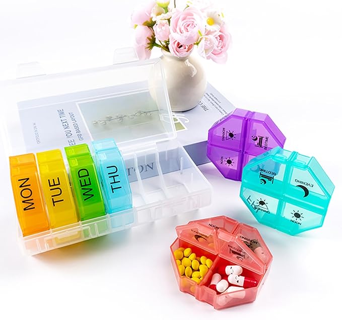 Weekly Pill Organizer 4 Time a Day，Pill Dispensers， Pill Box 7 Day with 28 Extra Large Compartments Portable Travel ，4 Times a Day Pill Case, for Medication/Vitamins/Fish Oils (Transparent +Colorful)