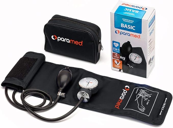 PARAMED Aneroid Sphygmomanometer – Manual Blood Pressure Cuff with Universal Cuff 8.7-16.5" and D-Ring – Carrying Case in the kit – Black – Stethoscope Not Included