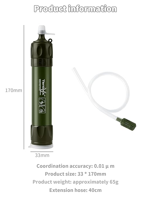 Tentock Portable Water Filter Straw for Camping & Survival, 0.01 Micron Personal Water Purifier with Syringe for Backpacking & Emergency, 2000L Capacity
