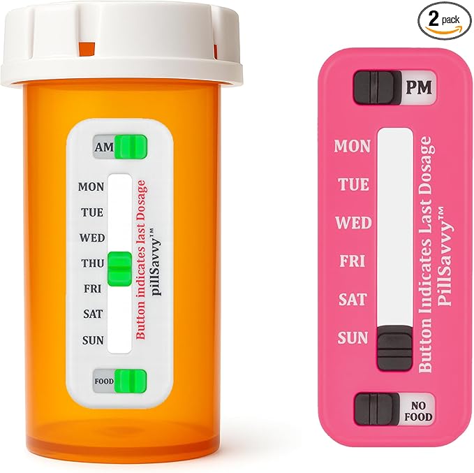PillSavvy™ Daily Pill Tracker – Non-Digital, Reusable Medication Reminder for Bottles & Organizers – Easy to Use, Curved Back – Track Prescriptions, Vitamins, Supplements & Pet Meds (Pink, 2 Pack)