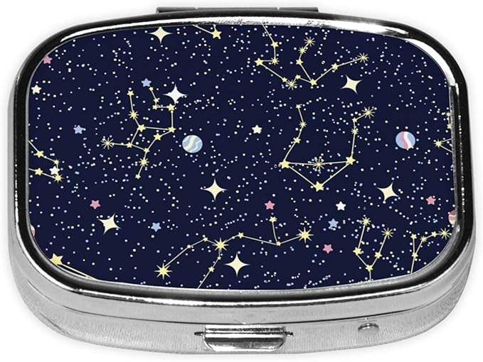 Pill Case Blue Zodiac Galaxy Starry Night Stars Glow in The Dark Midnight Pill Box with Mirror Retro Pocket 2 Compartment Medicine Case Vitamin Pill Organizer for Pocket Purse and Travel Gifts
