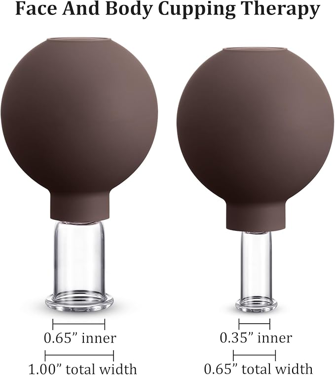 Nuanchu 2 Pieces Glass Cupping Set, Facial Cupping Cups Glass Silicone Cups Vacuum Suction for Face Skin Back Shoulder Muscle(1 Inch and 0.65 Inch Diameter,Brown)