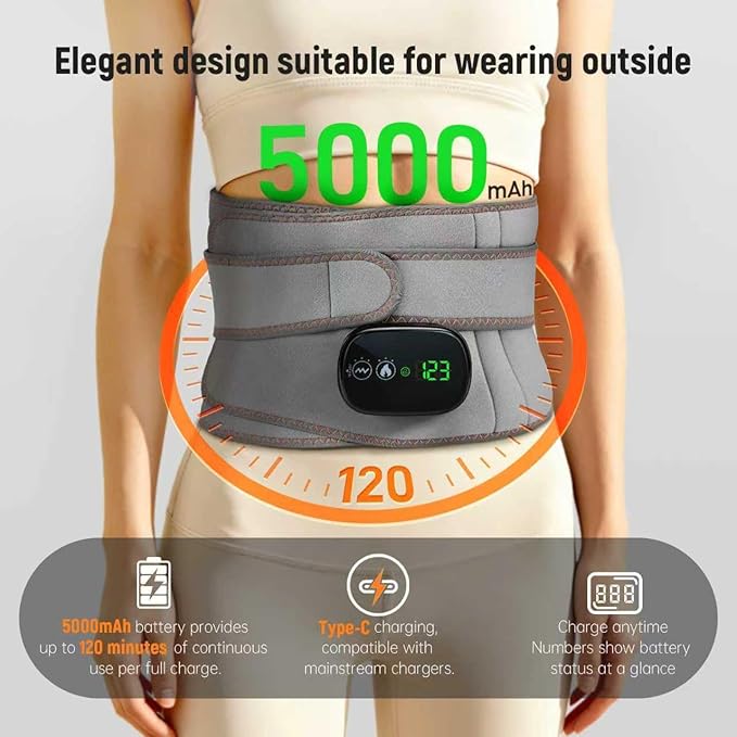Cordless Heating Pad for Back, 47.2" Extendable Wearable Heating Pad with 3 Heat & Vibration Massage, 5000mAh Battery-Powered for Long Workdays & Cold Weather - Black (Grey)