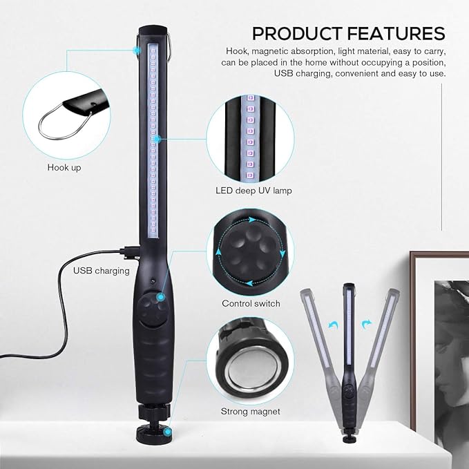 UV Light Sanitizer, UV Sanitizer Lamp Portable Travel UV Light Sanitizer Wand (Black)